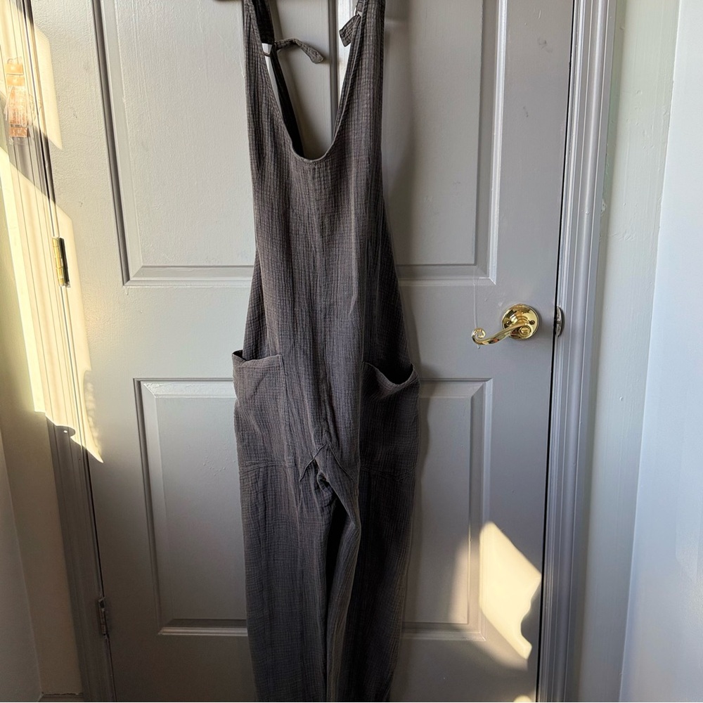 Sweet Love Gray Sleeveless Linen-Style Tie-Strap Jumpsuit